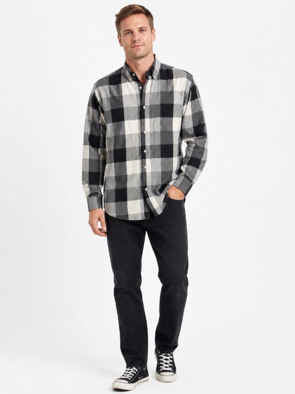 Falls Creek Men's Large Gray Black Buffalo Plaid Flannel Shirt 35 Sleeve